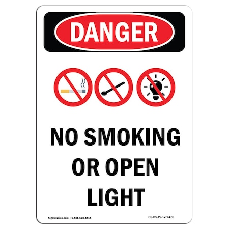 OSHA Danger Sign, No Smoking Or Open Lights, 7in X 5in Decal